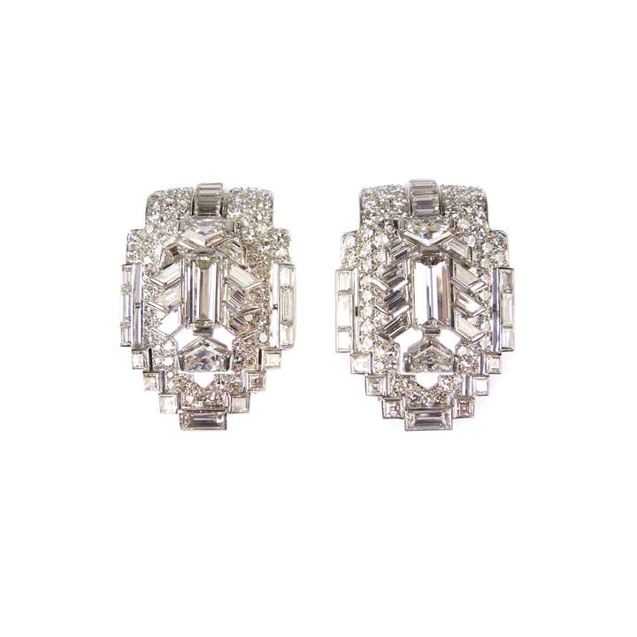 Pair of diamond clip brooches of geometric design